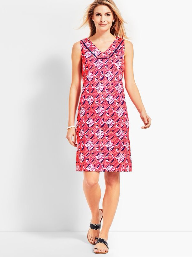 Talbots Whimsical Waves Pink Blue Sleeveless Shift Dress 100% Cotton